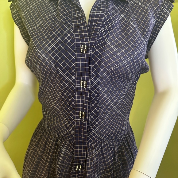 Vtg 50’s Dark Blue/ Purple Check Fit-and-Flare Button-Front Women's Dress - Picture 3 of 4